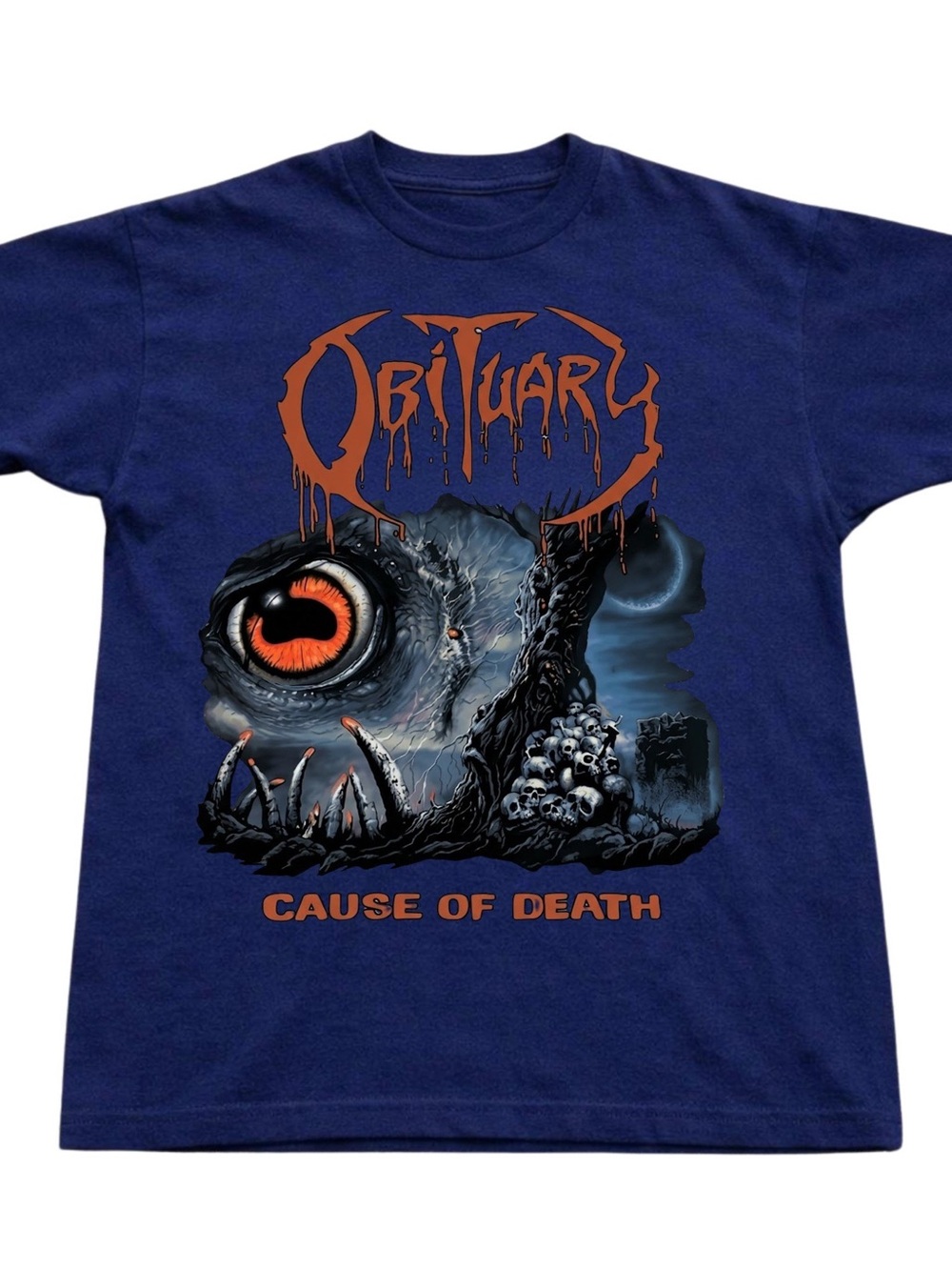 Gildan Navy Blue 'Obituary Cause of Death' Graphic Tee with Orange Print